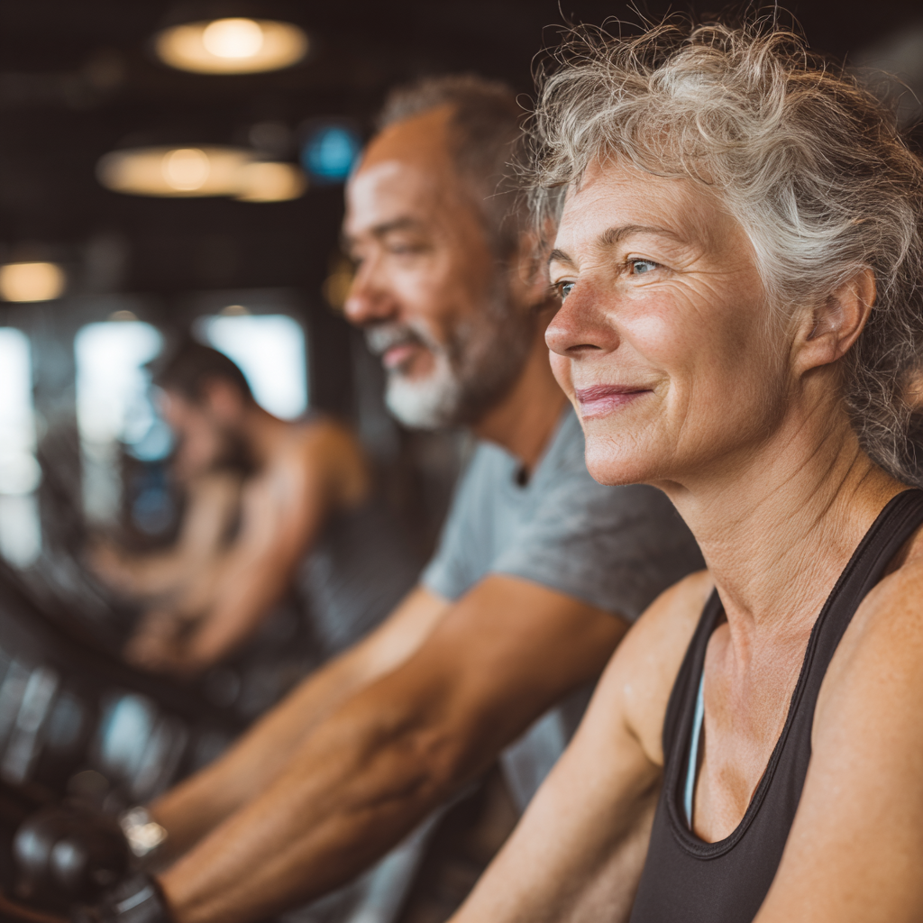 mature adults exercising together in modern fitness environment